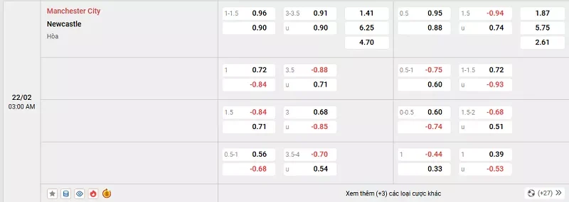 Tỷ lệ kèo trong trận đấu giữa Man City vs Newcastle
